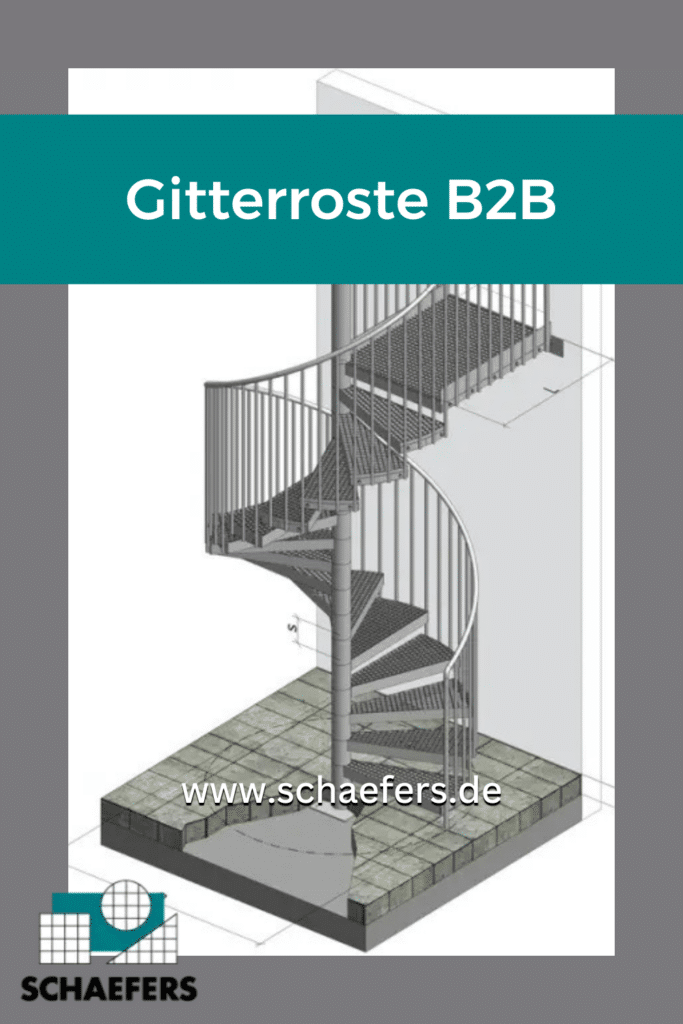 Spindeltreppe mit Gitterroststufen und Schriftzug "Gitterroste B2B" darüber.