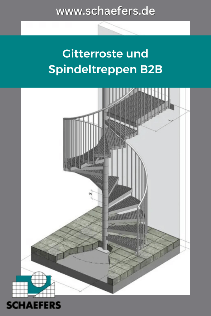 Spindeltreppen-Explosionszeichnung von Schaefers GmbH, mit Logo und Überschrift: "Gitterroste und Spindeltreppen"