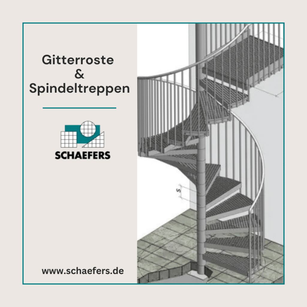 Grafik zeigt Logo von Schaefers GmbH und danbene eine Spindeltreppe mit Gitterrost-Stufen.